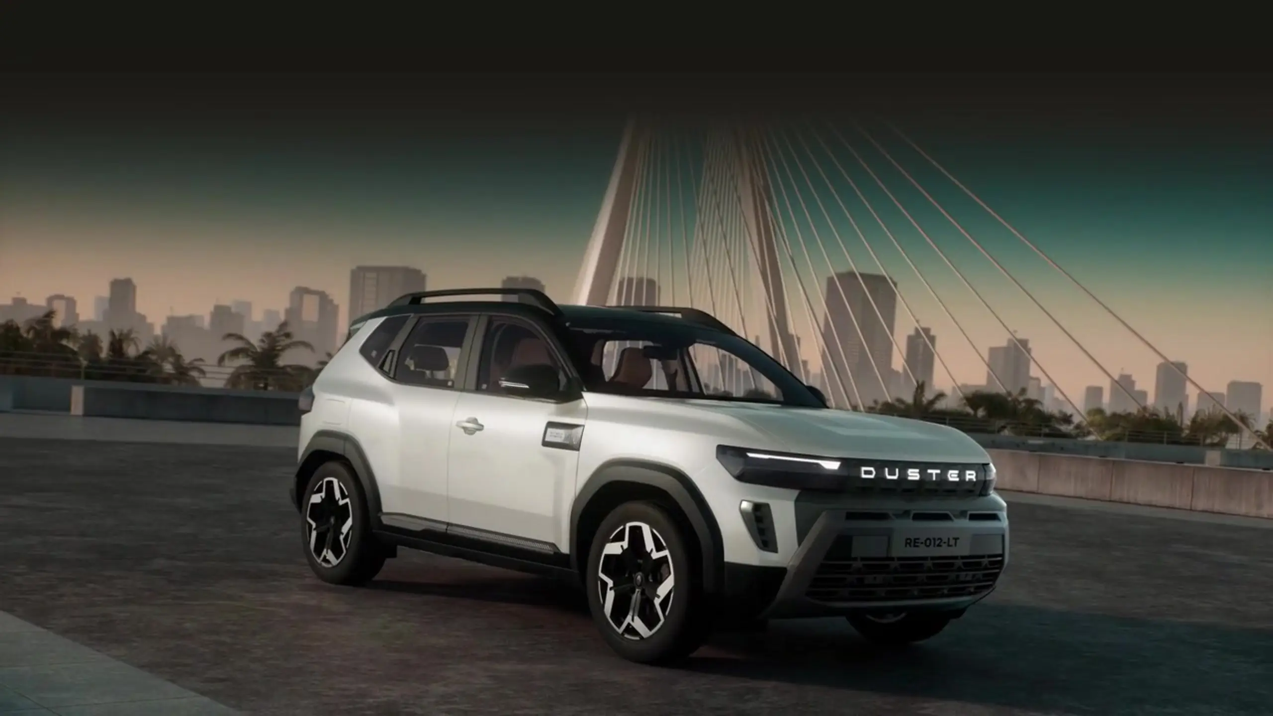 Renault Duster Hybrid front three-quarter view at dusk